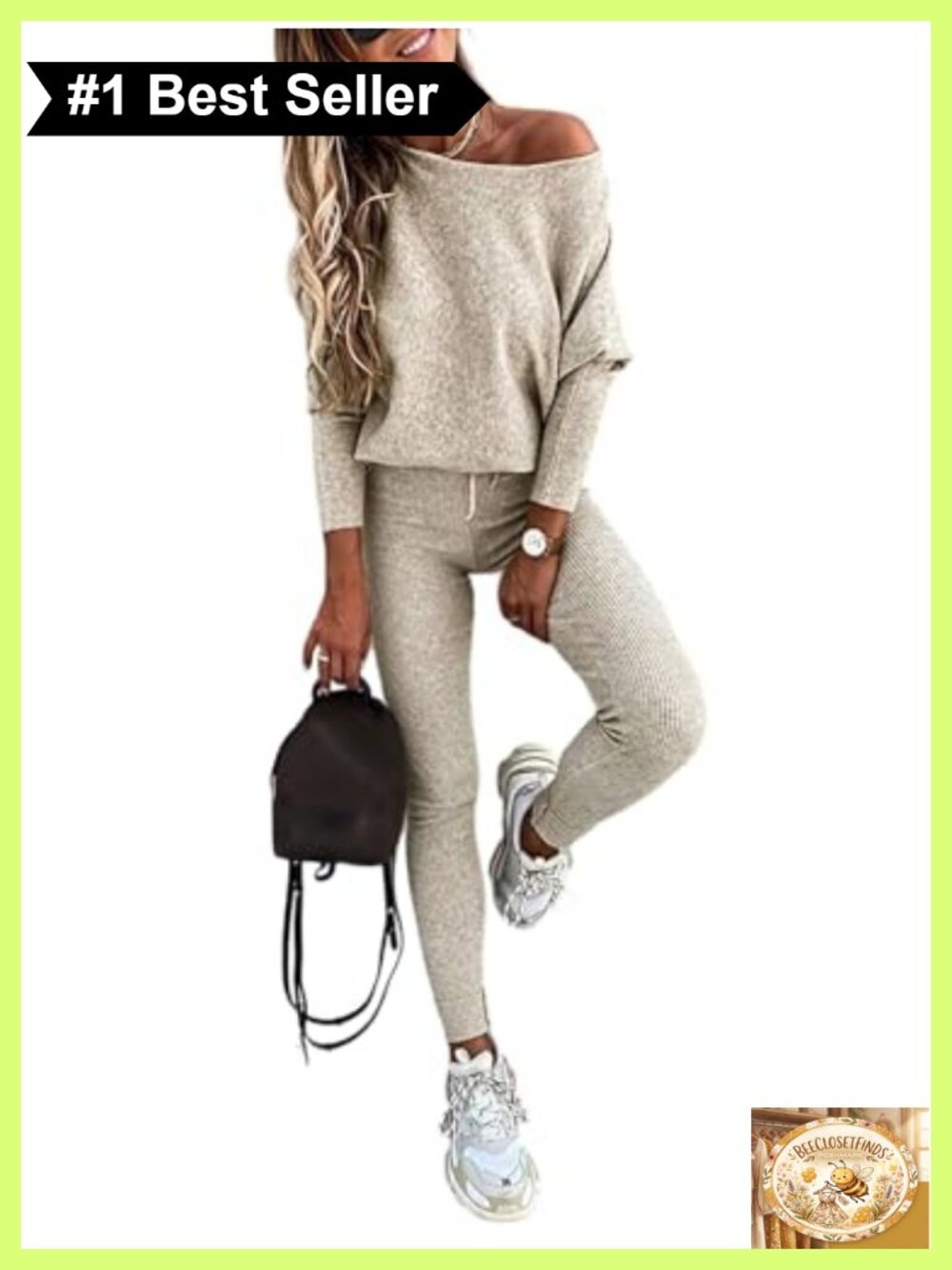 Women's 2 Piece Knit Lounge Set Batwing Sleeve Sweatsuit Drawstring Waist
